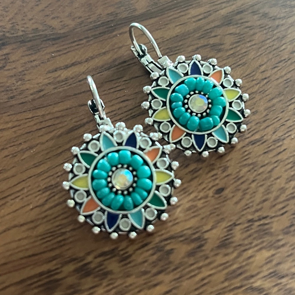 Blue Floral Starburst Boho Multi Color Lever Back Drop Earrings 1” - Picture 3 of 5
